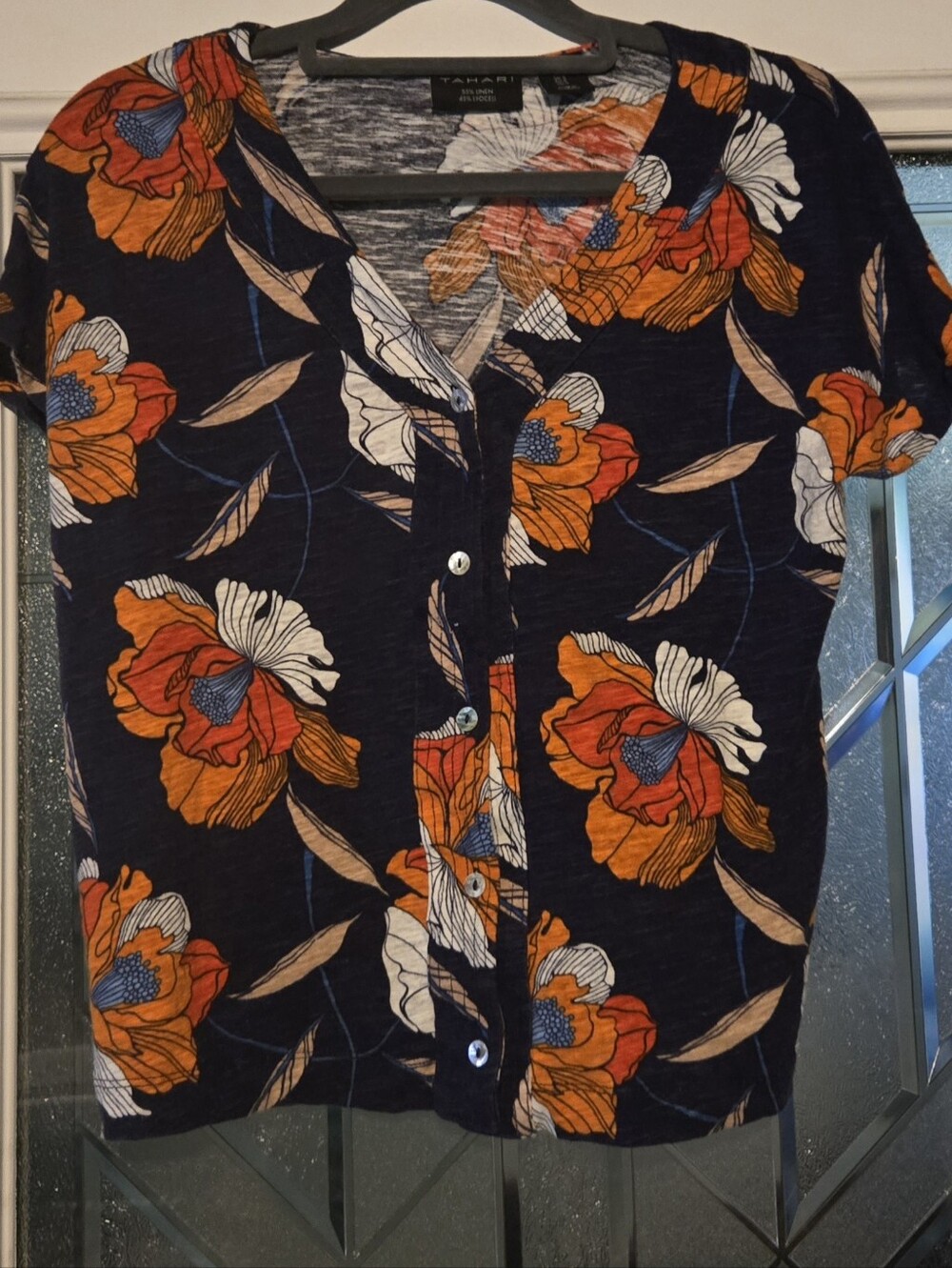 Tahari Navy Floral Button-Front Women's Top - Orange & White Print